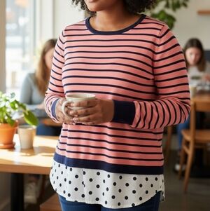 Crown & Ivy Pink and Navy Polka Dot Top